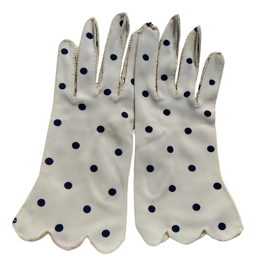 1950s Polka Dot Pin-Up Girl Era Wrist-length White Navy Blue Gloves Size M